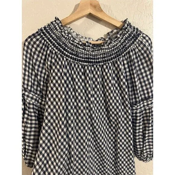 Y Max Edition Gingham Plaid Smocked Black & White Puffy Sleeve Cotton Midi Dress - Picture 7 of 10